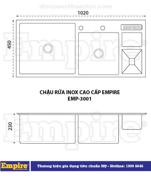 Chậu rửa chén Inox cao cấp Empire EMP3001 Chậu rửa chén Inox cao cấp Empire EMP3001