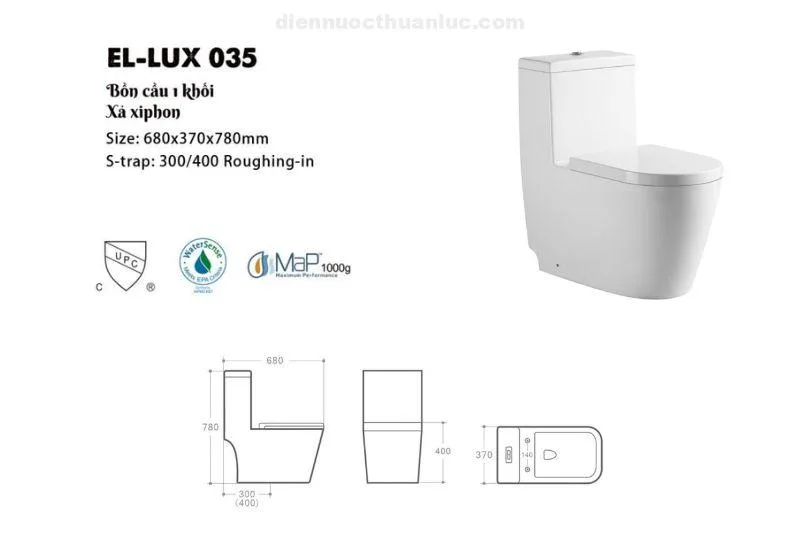 Thống số kỹ thuật bồn cầu 1 khối EL-LUX035 Eurolife